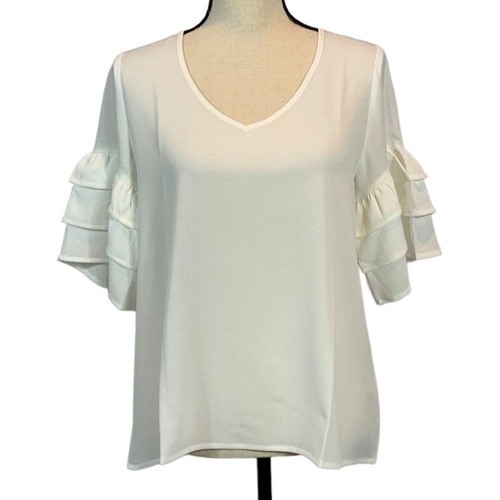 Shy Velvet White V-Neck Short Ruffle Sleeve Blouse - Medium